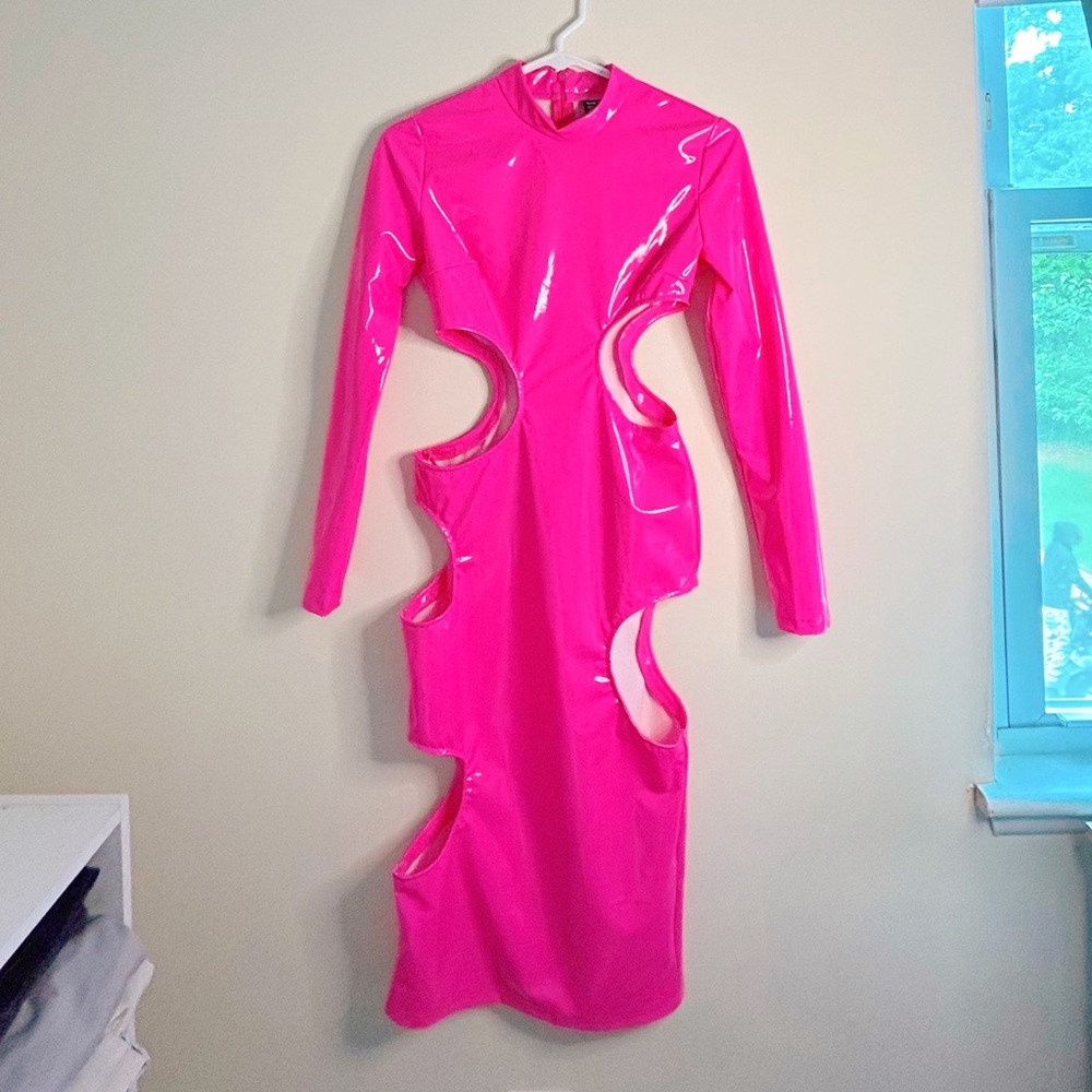 Hot Pink Bodycon Latex Cutout Dress // Size XS